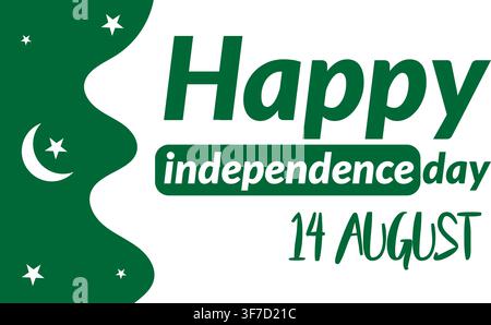 Pakistan Independence Day greeting with green wavy design moon stars and festive text for celebration Stock Vector