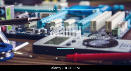 smoking soldering iron and a computer printed circuit board (PCB) with a blurred multimeter in the foreground. Stock Photo