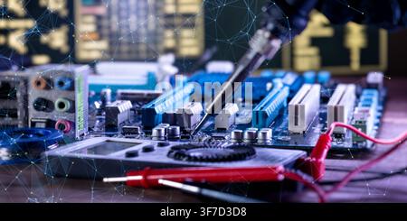 Advanced electronic engineering and IT diagnostics. Circuit board with cyber network data overlay and multimeter. Stock Photo