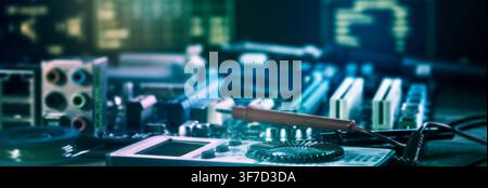 Cinematic electronic engineering background. IT diagnostics and circuit board testing equipment with dark moody lighting. Stock Photo