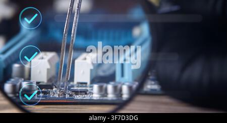 Successful IT service banner. Precision microelectronics maintenance with glowing approval checkmarks. Stock Photo