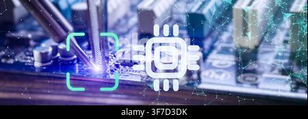 Smart technology and AI hardware concept. Macro soldering on a printed circuit board with digital processor hologram and network background. Stock Photo