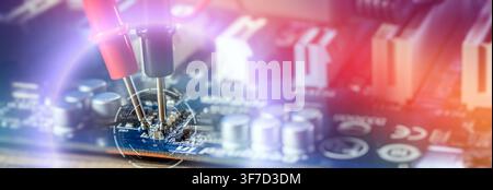 Smart technology maintenance background. Macro view of tester probes on a PCB with glowing cyber interface. Stock Photo