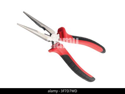 Long needle nose pliers with ergonomic red and black insulated handle isolated on white background and tool for electrical work,  projects Stock Photo
