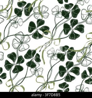 Clover leaf outline vector seamless pattern. Shamrock silhouette with coquette bow hand drawn repeated print. Saint Patrick Day endless background Stock Vector