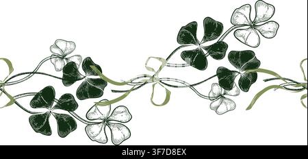 Four leaf clover and ribbon Seamless Border Vector. Shamrock bunch with bow outline and silhouette hand drawn endless print. Repeat background with Stock Vector