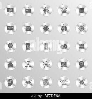 A collection of silver metallic circular icons featuring various symbols representing artificial intelligence machine learning neural networks robotic Stock Vector