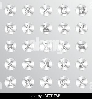 A grid of twenty-five circular metallic buttons each displaying a thin-lined icon representing creative elements and artistic supplies on a grey backg Stock Vector