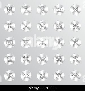 A collection of silver circular buttons featuring various line icons related to artificial intelligence machine learning and advanced technology on a Stock Vector