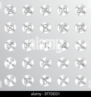 A collection of twenty-five circular metallic buttons displaying various minimalist line-art icons representing augmented reality virtual technology 3 Stock Vector
