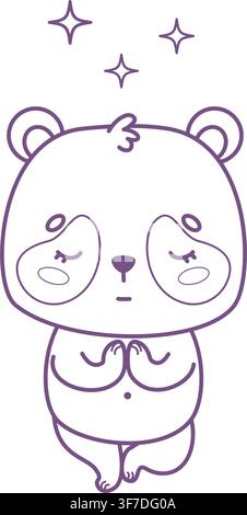 Outline Cute Kawaii Panda Standing In Yoga Tree Pose With Hands In Namaste Prayer Position. Mindful Calm Cartoon Bear Meditation. Line drawing, Colori Stock Vector