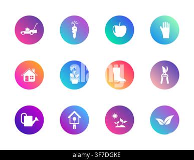 A grid of twelve gradient-colored circles each featuring a white silhouette icon related to gardening nature and outdoor home maintenance Stock Vector