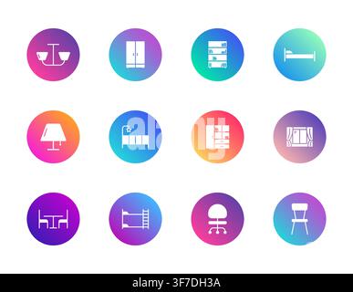 A collection of twelve colorful circular icons featuring white silhouettes of various furniture pieces arranged in a grid on a clean white background Stock Vector