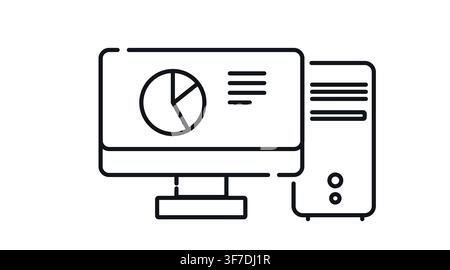 Desktop computer tower and monitor with pie chart diagram on screen vector icon. Stock Vector