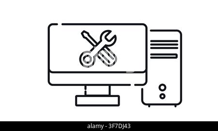 Desktop computer tower and monitor with crossed screwdriver and wrench settings symbol vector icon. Stock Vector