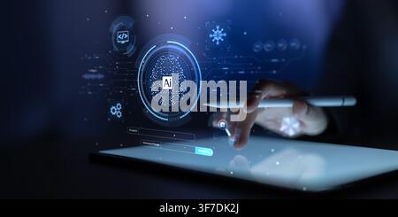 AI artificial intelligence system for digital interaction and user interface management with tablet and stylus pen Stock Photo