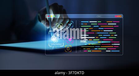 AI artificial intelligence coding assistant for software development and programming support with interactive tablet interface Stock Photo
