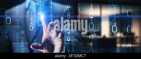 Programming code interface for software development and computer science learning with hand interaction Stock Photo