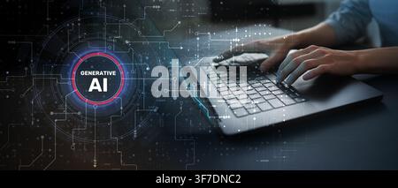 AI artificial intelligence system for creative content generation with human typing on laptop Stock Photo