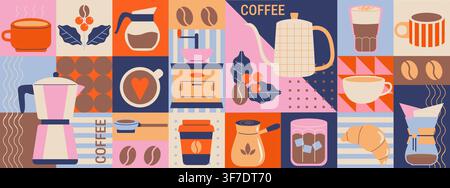 Coffee drink geometric banner with coffee beans, croissant, coffee to go and different types of hot drinks - americano, latte, moka, ice coffee. Design for flyer,web,cover,web, print, poster. Vector Stock Vector