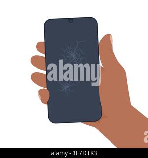 Dark Skin Hand Holding Smartphone with Cracked Screen Stock Vector