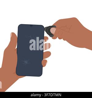 Phone Display Replacement - Dark Skin Hands Prying Off Cracked Screen with Tool Stock Vector