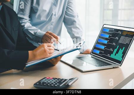 Business people reviewing financial documents with laptop dashboard, calculator and charts, showing digital finance analytics, accounting report and c Stock Photo