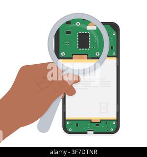 Smartphone Internal Components Inspection - Dark Skin Hand with Magnifying Glass Stock Vector