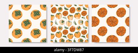 Set of three seamless patterns featuring ripe orange persimmons, fruit slices and green leaves in a cute hand-drawn flat style. Perfect for autumn foo Stock Vector