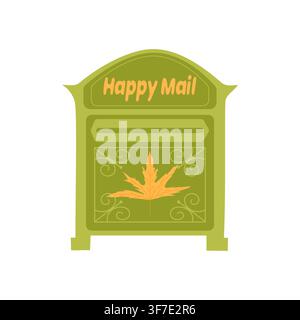 Vintage green mailbox with maple leaf decoration and Happy Mail lettering clipart. Stock Vector