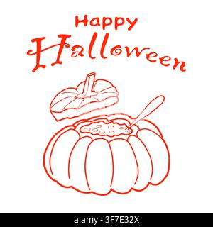 Happy Halloween lettering with carved pumpkin soup illustration in hand drawn outline style. Stock Vector