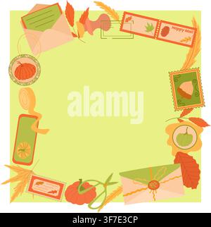 Autumn postcard border with envelopes, stamps, pumpkins, seals, ribbons and seasonal mail. Stock Vector