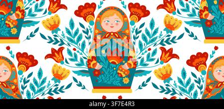 Vector seamless pattern with cute nesting doll and colorful folk flowers on white background. Texture with matryoshka dolls perfect for fabric Stock Vector