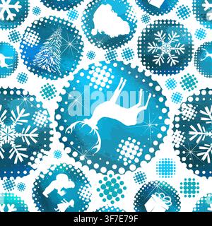 Seamless Christmas background with snowflakes and deer, branches and deer. Not AI. Vector illustration Stock Vector