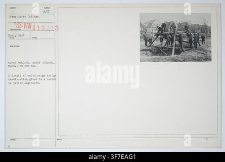 Tufts College in Massachusetts, with a detail of rapid rough bridge construction, as part of a course for senior engineers, during World War I. Stock Photo