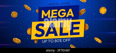 Mega Sale promotion banner with golden coins on a blue background for your retail event. Vector illustration. Stock Vector