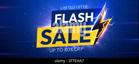 Flash sale banner with lightning bolt on blue background. Dynamic marketing design for promotional shop. Vector illustration Stock Vector
