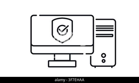 Desktop computer tower and monitor with shield and check mark symbol on screen vector icon. Black line art style on white background Stock Vector