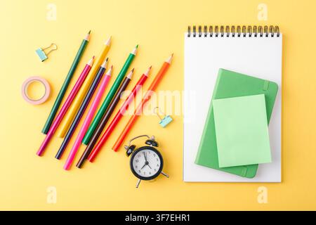 Colorful stationery arranged on a yellow background with pencils, notebooks, clips, tape and alarm clock. Back to school concept. Top view, flat lay. Stock Photo
