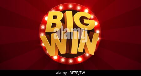 Big win golden 3D text banner with glowing lights for casino or game promotion. Vector illustration. Stock Vector