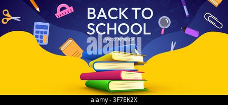 Back to school banner with stationery and books, creative colorful educational template. Vector illustration Stock Vector