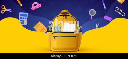 School backpack with educational supplies on a colorful background. Education concept, Vector illustration. Stock Vector