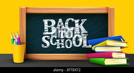 Back to school concept with books and chalkboard. Education background with stationery. Vector illustration Stock Vector