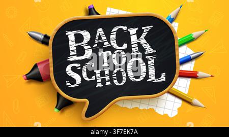 Back to school concept with stationery on yellow background. Chalkboard with school supplies. Vector illustration Stock Vector