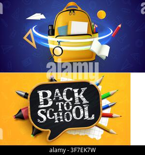 Yellow school backpack with supplies and education icons. Back to school concept for design. Vector illustration Stock Vector