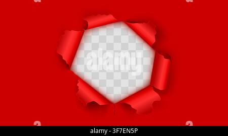 Red torn paper hole with transparent center for your design and creative advertisement. Vector illustration Stock Vector