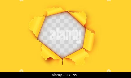 Torn yellow paper background with hole showing transparency. Ripped banner design template. Vector illustration Stock Vector