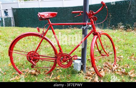 Vintage classic cruiser bicycle painted completely in bright red color locked with a chain to a metal post on a green grass lawn with dry leaves Stock Photo