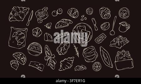 Hand drawn bakery and breakfast doodle set on dark background vector chalk illustration Stock Vector