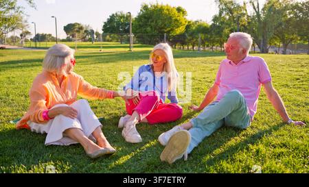 Group of stylish seniors enjoying friendship in park sitting on grass Stock Photo